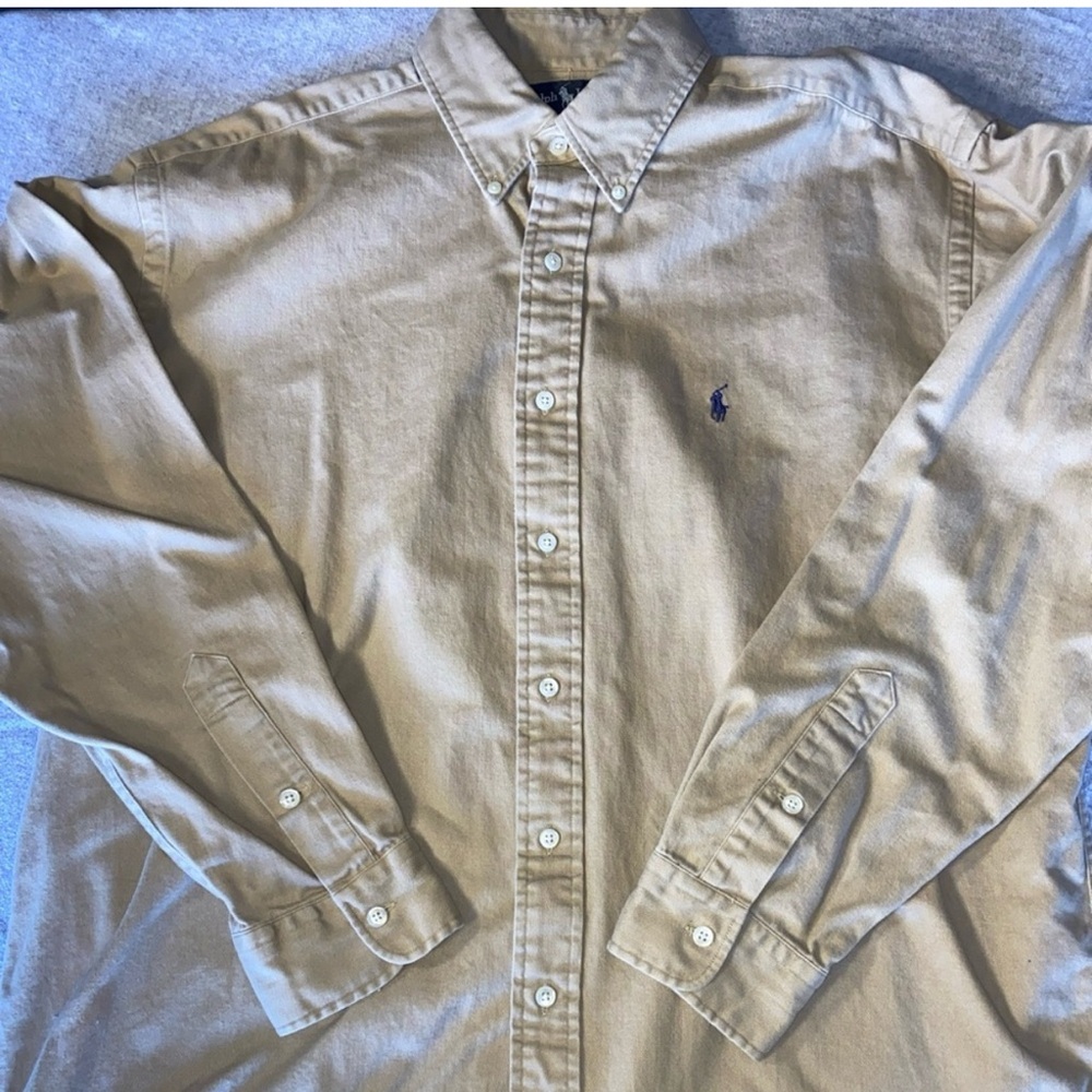 Ralph Lauren Shirt Mens Large Tan Blaire Embroidered Minimalist Classic